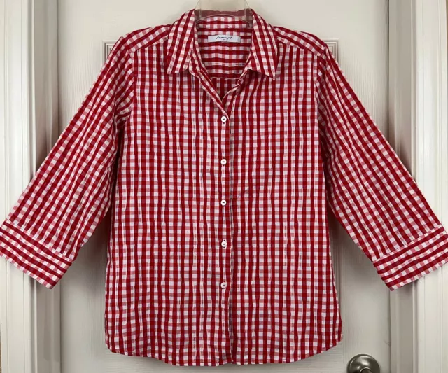 FOXCROFT - Red Gingham Check Shaped 3/4 Sleeve Crinkle Button-Up Shirt size 16