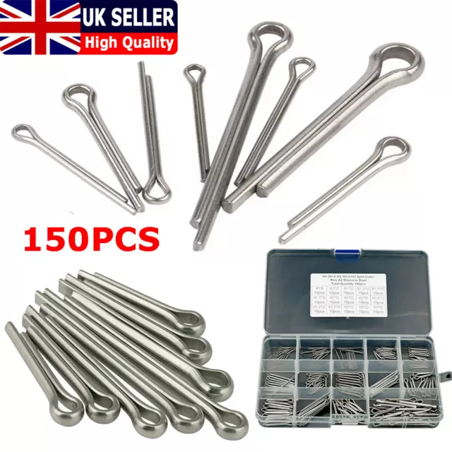 150pcs Stainless Steel Assorted Split Pin Cotter Pins Popular Sizes Fixings Set