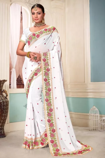 Indian Bollywood White Zari Resham Siroski Stone Border Georgette Designer Saree