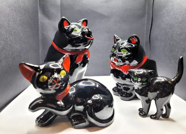 Vintage 1950's Shafford Redware BLACK CAT Sugar and Creamer Set w/ 2 bonus cats