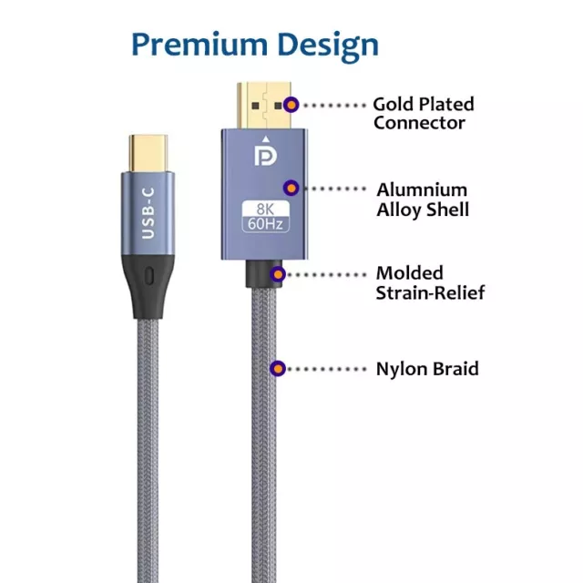 USB-C Type C to DisplayPort DP 1.4 Cable UHD 8K@60Hz 4K@120Hz Thunderbolt 3 4 3