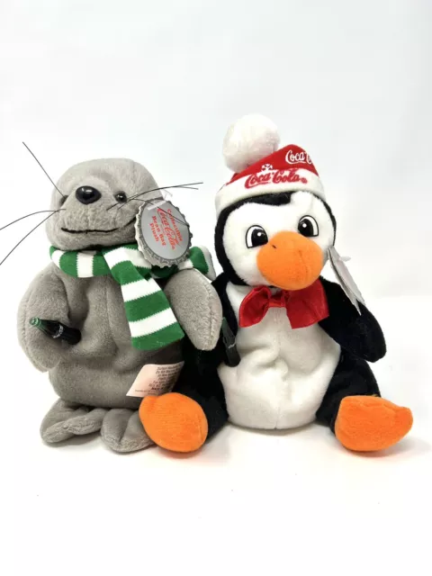 Set Of Two Vintage Coca Cola Bean Bag Plush Seal And Penguin 1997 W/ Tags