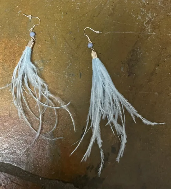 Baby Blue Ostrich Feather Earrings Pierced Hook 5" Dangle