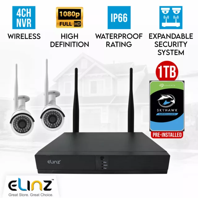 4CH CCTV Wireless Security System 2MP IP WiFi 2x Camera 1080P NVR Outdoor 1TB
