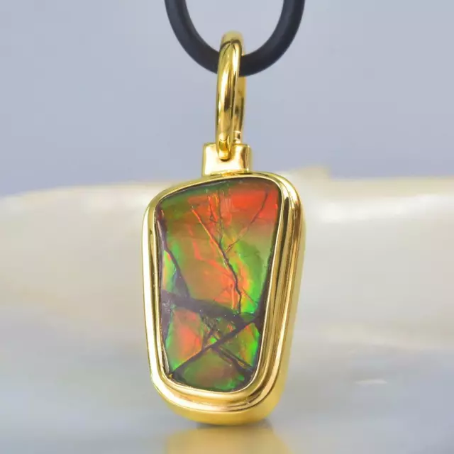 Pendant RARE Ammolite Ammonite Diamond & 18K Gold Vermeil Sterling Silver 8.80g