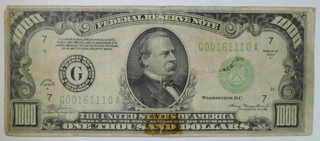 1934 G Federal Reserve Chicago $1000 One Thousand Dollar Note FR# 2212-G
