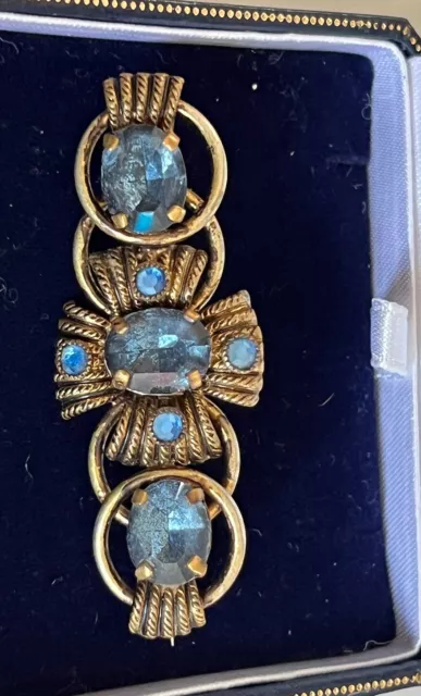 Vintage Czech Brooch Gold Tone Blue Glass Open Back Stones Delicate Art Deco