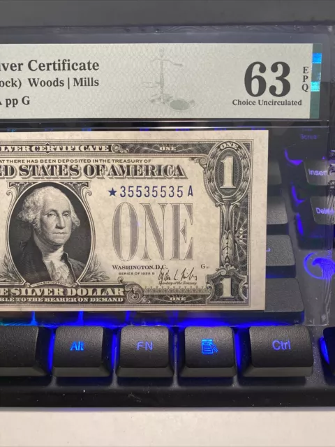 1928B  $1 Silver Certificate Star Note Funny Back Pmg 63 Epq Binary # 35535535 ！