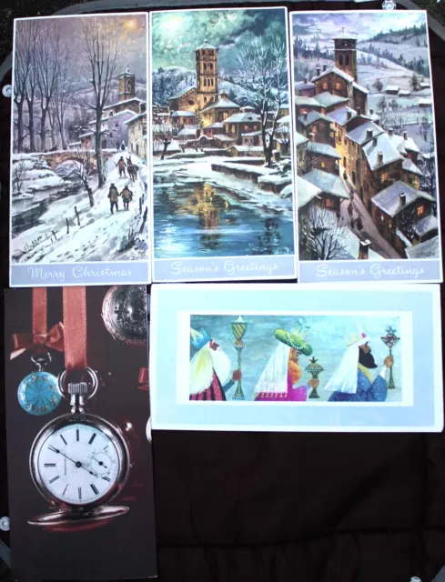 X 5 Vintage Hallmark 1970s Christmas Cards, 3 Snow Scenes, 3 Kings & Watch
