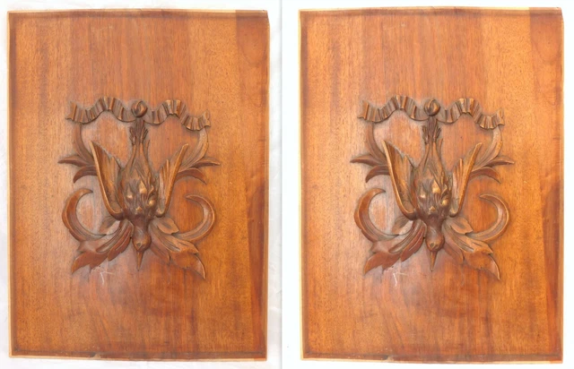 23" Antique French Carved Wood Panel Gothic PAIR Salvage Hunting Theme Birds