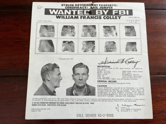 California Minutemen Founder, Zodiac Killer, William Colley Fbi Wanted Poster