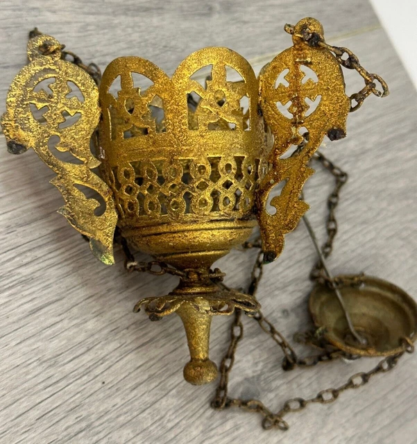 Vintage Ukrainian brass icon lamp, late 19th century, Orthodox Christianity