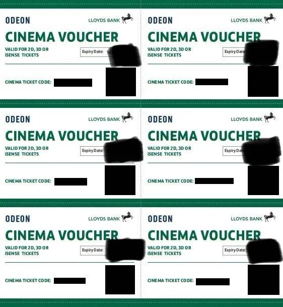 6x Odeon cinema tickets valid until 21/11/24