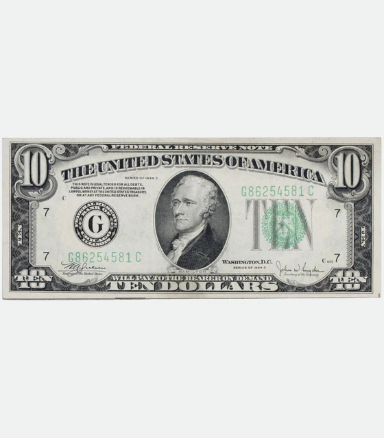 1934 USA 10 Dollar  Federal Reserve Note US Banknote Bill, GREEN Seal, XF