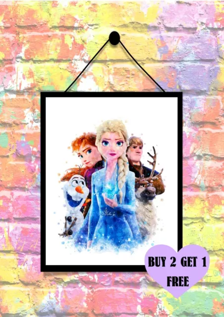 BUY 2 GET 1 FREE DISNEY Frozen Elsa Anna Friends Watercolour Print  Poster A4