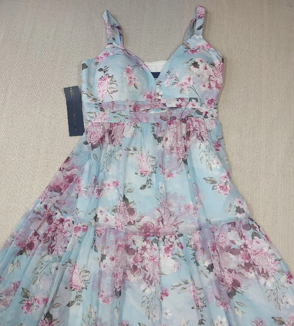 Rachel Roy Dress Women's Size 6 Floral V-Neck Blue Adrena Dusk Maxi Tiered