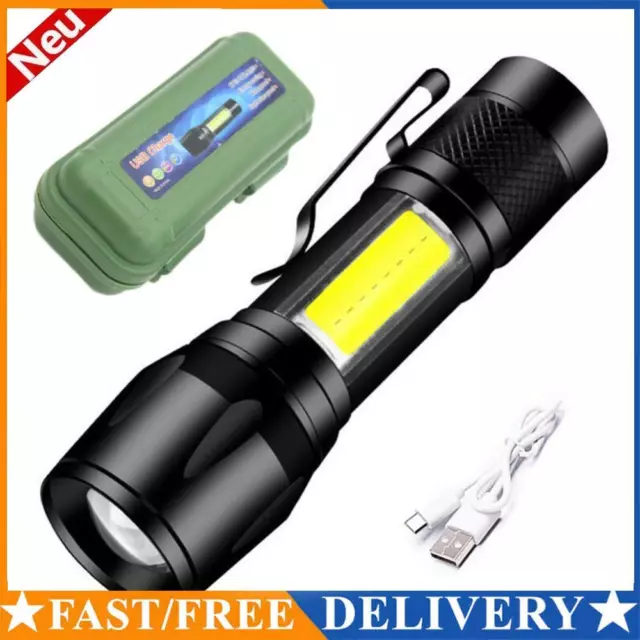 XPE+COB LED Flashlight USB Rechargeable IPX4 3 Modes Emergency Torch Light