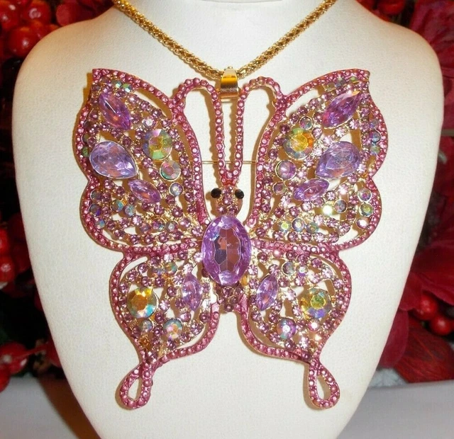 Betsey Johnson Large Purple Crystal Rhinestone Inlay Butterfly Pendant Necklace