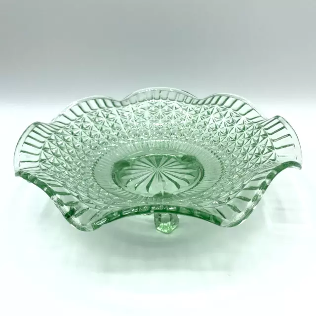 Vintage Green Uranium Glass Footed Bon Bon Dish Stand Art Deco Pressed Glass