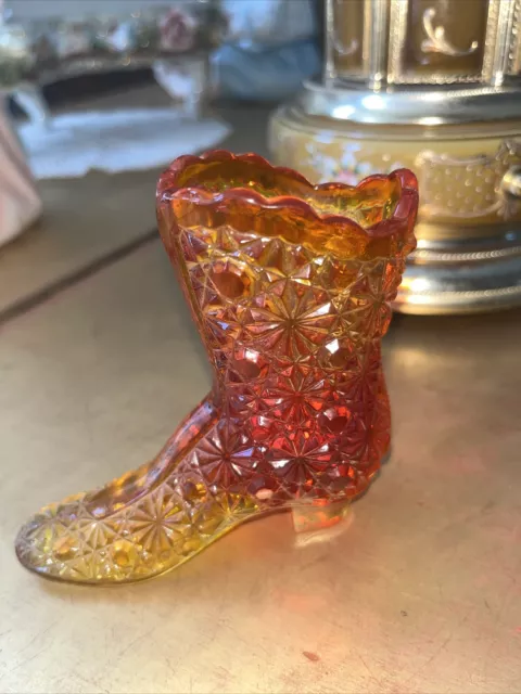 Vintage Fenton Amberina Carnival Daisy & Button Glass Boot Orange  Red Shoe