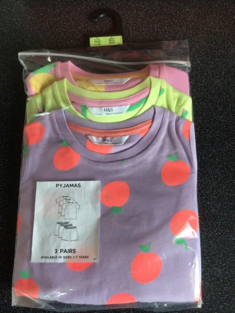 M&S 3 Pack Girls Short Pyjamas 100% Cotton 6 Piece Set Size 12-18 Months BNWT