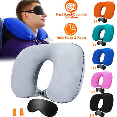 U Shape Inflatable Neck Pillow Set Office Nap Car Airplane Cushion w/Eye Mask US