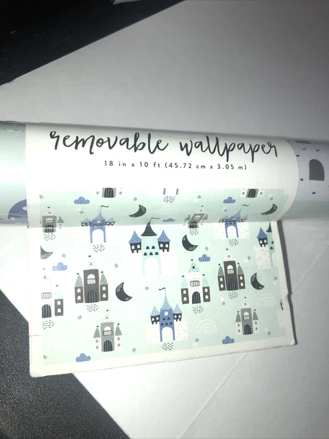 Removable Wallpaper Castle Print Mint Green And Blue 1 Roll - 18in x 10ft - New