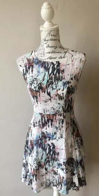 FRENCH CONNECTION Dress Beautiful White, Pink & Blue Abstract Print Size 8 VGC