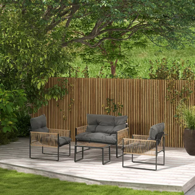 Outsunny 4 tlg. Rattan Gartenmöbel-Set, Sitzgruppe mit Kissen Stahl, Braun