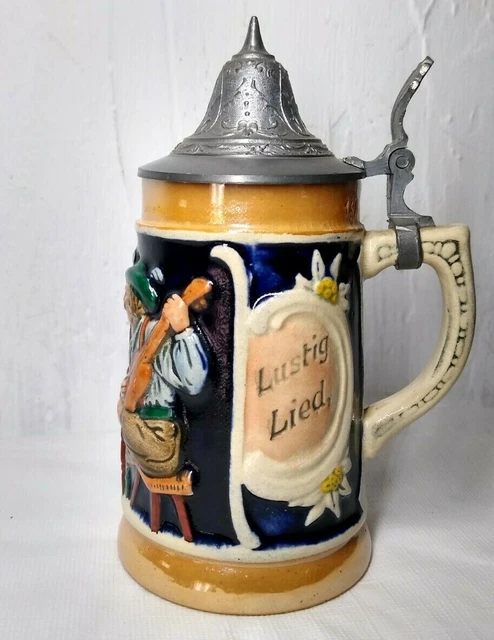 German Beer Stein Lustig Lied froh Gemiit Pewter Lid 5" tall - Fast Ship!!!