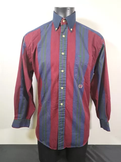 TOMMY HILFIGER Shirt Vintage Burgundy Wide Striped Long Sleeve Crest Size Small