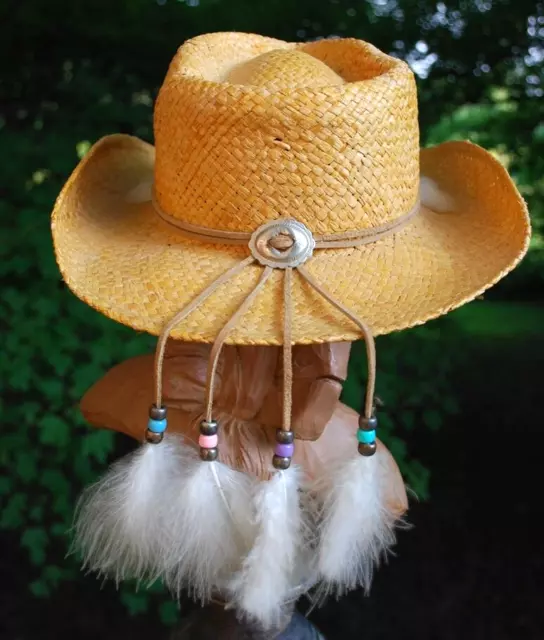 HAND MADE LG Native American CHEYENNE Ladies STRAW COWBOY HAT Suede Feathers LG