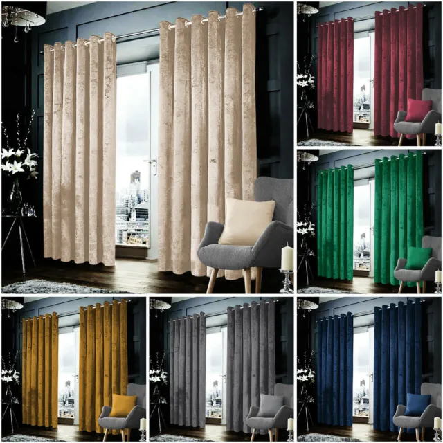 Blackout Crushed Velvet Curtains Eyelet Ring Top Ready Made Lined Pair Curtains