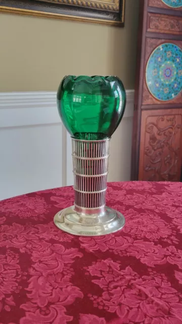 Antique Sterling Silver Green Glass Insert Vase, 9 1/2" Tall