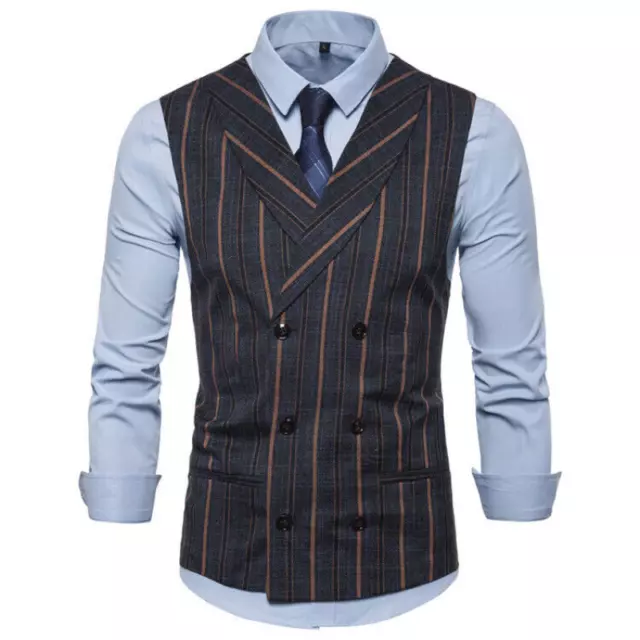 Gents Striped Double-Breasted Waistcoat Vest Formal Business Suit Gilet Top Slim