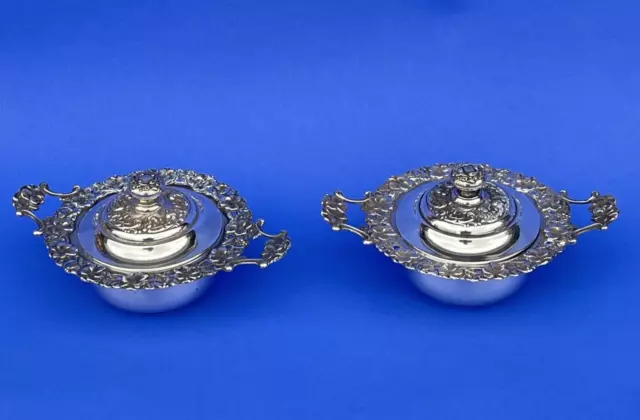 2 LeBolt & Alvin Art Nouveau Sterling Silver Handled Salt Cellars with Lids Bowl