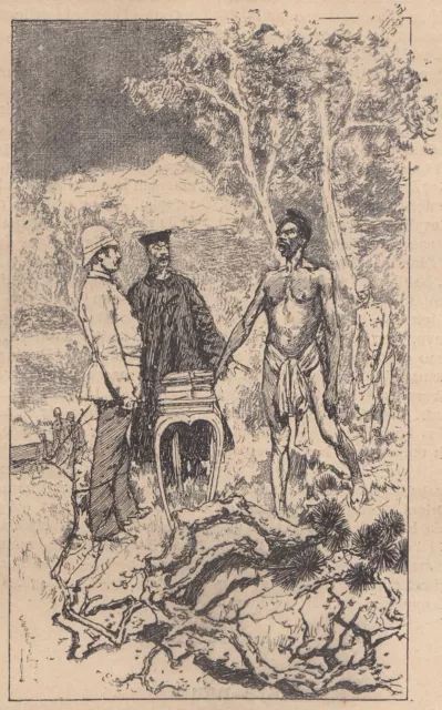 B7761 Encuentro Entre Militar E Aborigine, 1891 Grabado Época, Vintage Engraving