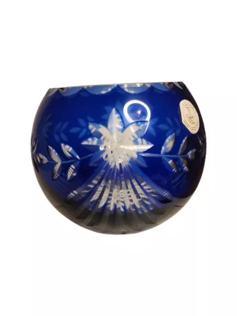 Vtg Romania Glass Crystal Cobalt Blue Cut To Clear Rose Bowl Vase Elegant Glass