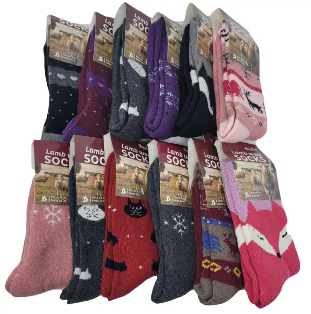 Women Lamb Wool Crew Socks, Warm Winter Heavy Duty, ASSORTED PRINTS, 12 PAIRS