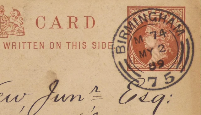 QV halfpenny brown PSC. County Chambers to Sols.  (SOTN) Posted Birmingham 1889.