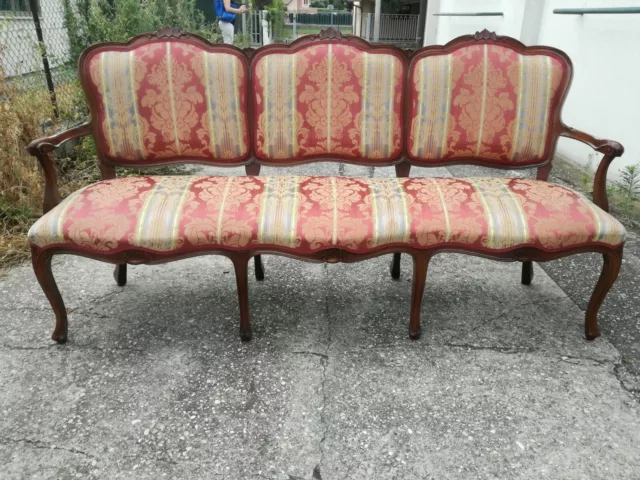 Elegante divano tre posti legno tessuto 185 cm sofa Luigi XV ottime condizioni