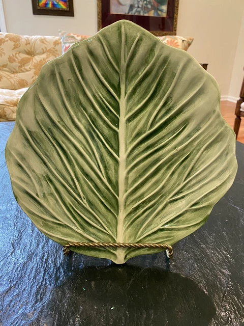 Large Mid Century Majolica Pottery Serving Grooved Leaf Plate Hand Painted BOHO