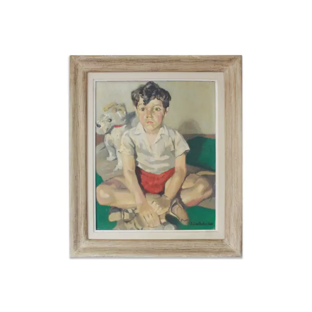 1945 French Boy Portrait Painting Antique Vintage Charming Framed Artwork