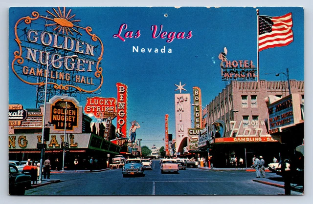 Vintage Postcard Fremont Street Las Vegas NV Neon Signs American Flag Casino N20