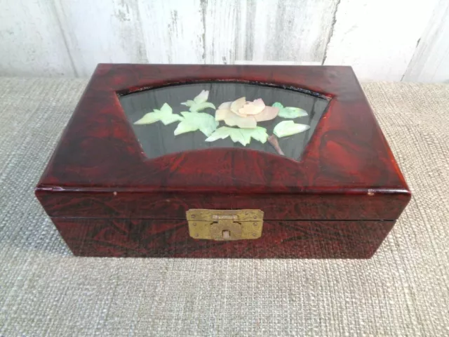 Mother of Pearl Trinket Jewelry Box Flowered Top Asian Lacquer Red & Black Gold
