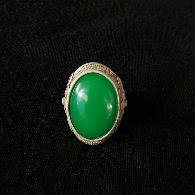 Exquisite Old Chinese tibet silver inlay green jade handcarved flower ring
