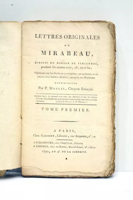 Livre Ancien Mirabeau Lettres Originales Donjon Vincennes 1792