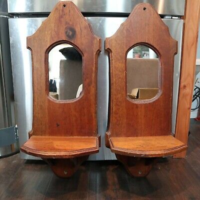 Vintage Pair Wooden Wall Mirrored Shelf Sconce Wood Sconces Candle Plant Holder