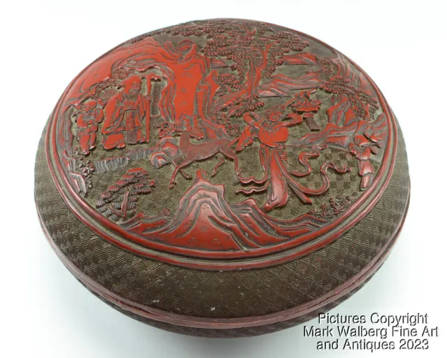Chinese Carved Cinnabar Lacquer Round Covered Box, Immortals, Deer, Boys, 19th C