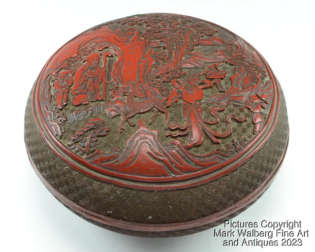 Chinese Carved Cinnabar Lacquer Round Covered Box, Immortals, Deer, Boys, 19th C